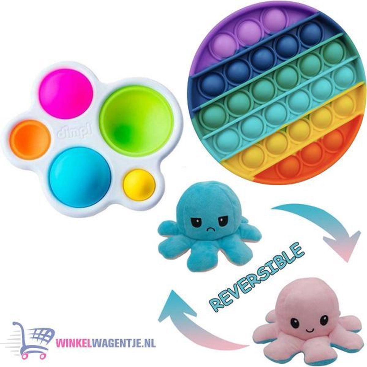 Pop It Fidget Regenboog + Simple Dimple + Octopus Mood Knuffel (Roze/Blauw) | pop it fidget toy goedkoop, fidget toy, fidget toys pakket, fidget toys pop it, fidget toys stressbal, speelgoed voor kinderen, TikTok Rainbow